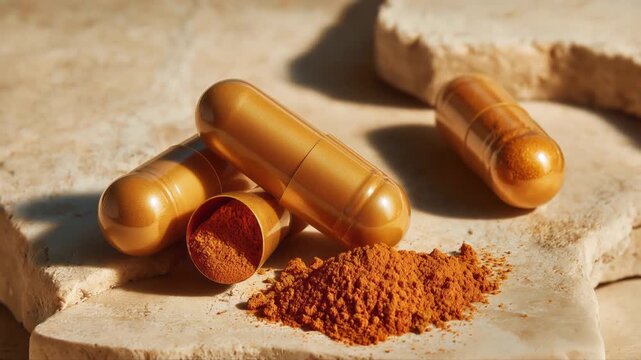 Vibrant turmeric capsules and powder on a rustic stone background, highlighting natural wellness, purity, and modern supplement appeal