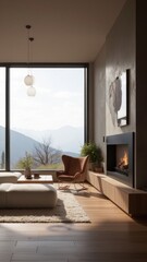 Fototapeta premium This modern living room offers a panoramic mountain view through its large glass door. 