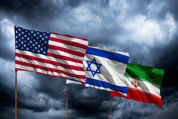 USA united america israel vs iran country national flag waving war crisis government politic diplomacy conflict crude oil army soldier commodity Strait of Hormuz iran israel us usa america trump.3d re © Philip
