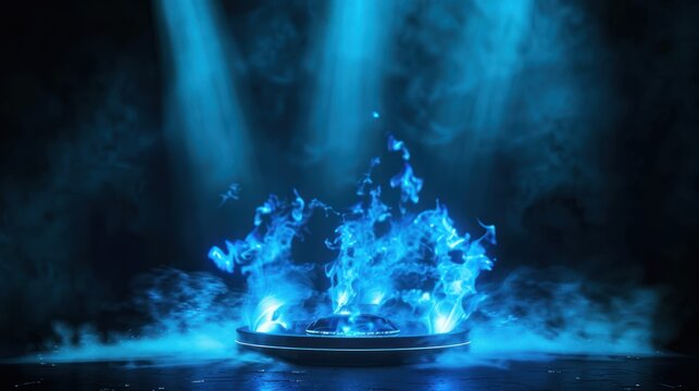 A stage with glowing blue flames and smoke under spotlights, a visual concept