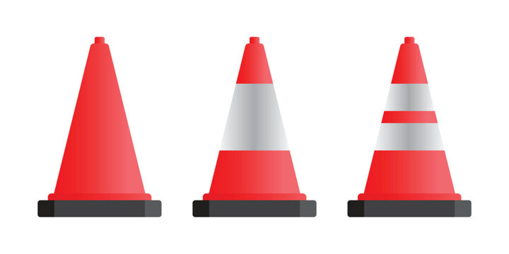 Traffic Cone Set Vector Orange Safety Cones with Reflective Stripes, Road Construction Cones Collection for Warning, Roadworks, Safety Barriers and Traffic Control