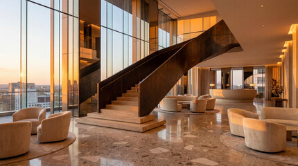 Fototapeta premium Luxury Hotel Lobby Featuring Emerald Stone Accents Creamy Floors and Brass Touches for Timeless Sophisticated Appeal