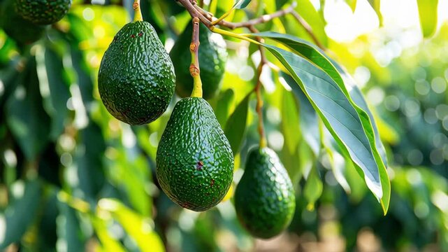 Green ripe avocados fruits hanging on avocado trees plantation. Healthy ripening fruits. Blurred leaves background. Agriculture, food. Fruiting plantation. Organic farming. Longterm profitability