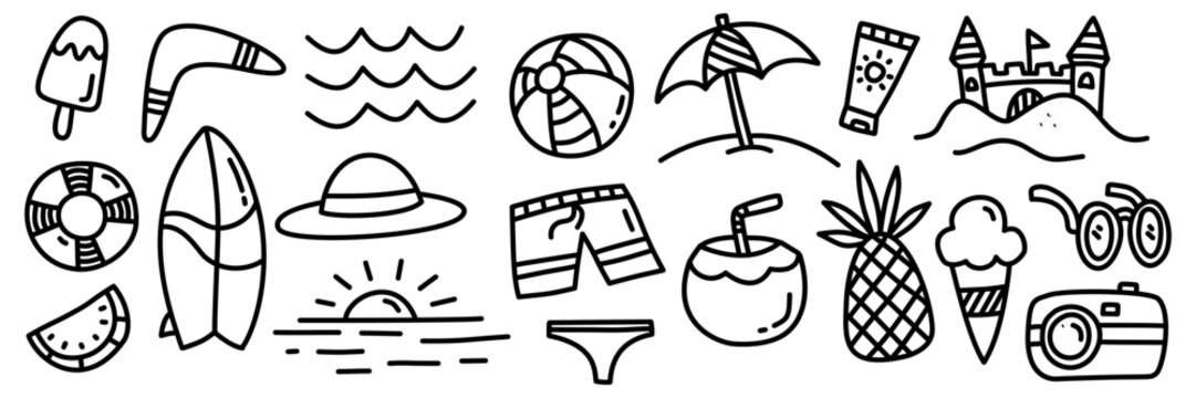 Summer icon set. Collection of summer element vector icons with hand drawn doodle design style.