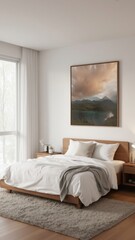 Fototapeta premium A modern and minimalist bedroom featuring a large landscape painting on the wall, set against white bedding with gray carpeting.