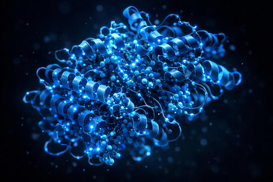 Visualizaci&oacute;n abstracta 3D de estructura molecular de prote&iacute;na compleja con enlaces luminosos azules y cian