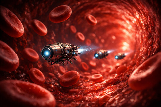 Visualizaci&oacute;n abstracta de nanorobots m&eacute;dicos viajando por vaso sangu&iacute;neo luminoso entre gl&oacute;bulos rojos