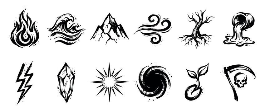 Diverse collection of hand-drawn elemental and mystical symbols, rendered in a bold, illustrative brushstroke style, isolated on a clean white background