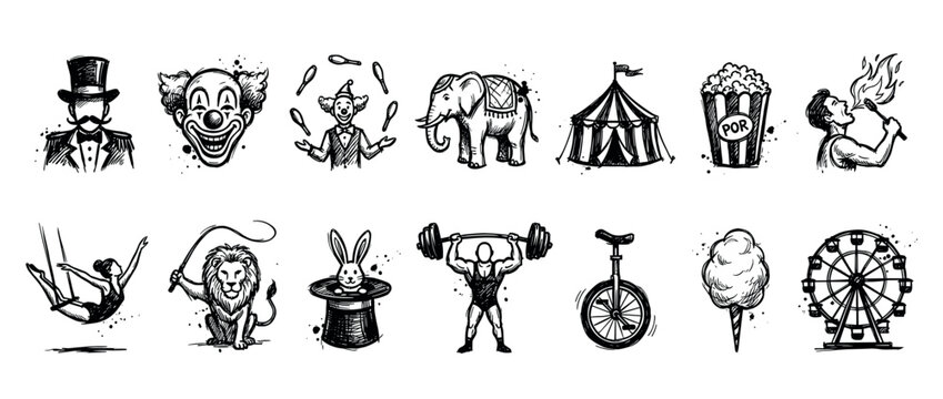Comprehensive set of hand-drawn circus and carnival elements, featuring performers, animals, and attractions, depicted in a classic vintage sketch style with black ink on a clean white background