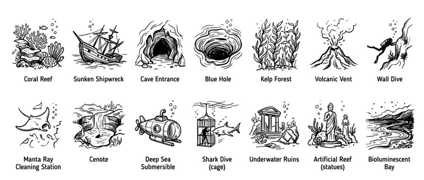 Comprehensive set of detailed black and white marine icons, illustrating various underwater environments and activities in a clean, hand-drawn style on a white background