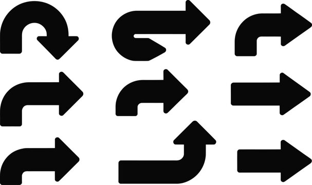 A collection of nine black arrow icons pointing in various directions, including curved, L-shaped, and straight designs on a white background.