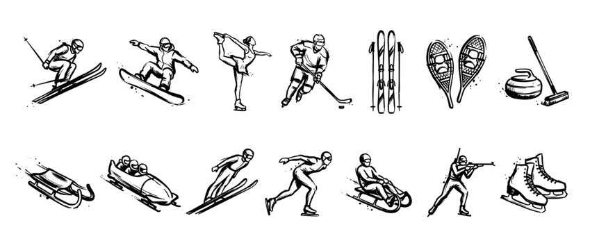 Diverse collection of hand-drawn black and white winter sports icons, featuring athletes and equipment for various cold-weather activities, rendered in a dynamic sketchy style, isolated on white