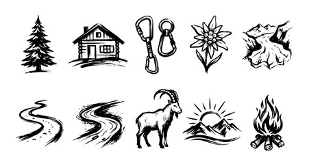 Fototapeta premium Collection of hand-drawn outdoor icons, featuring various nature and adventure elements, presented in a rustic sketch style on a clean white background