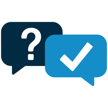 Two overlapping speech bubbles, one with a question mark and one with a checkmark, symbolizing inquiry and resolution.