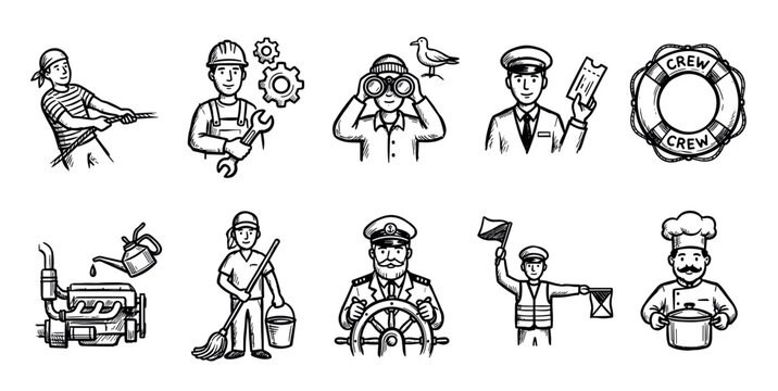 Hand-drawn set of nautical crew and related icons, featuring various shipboard roles and equipment in a clean black and white sketch style, isolated on a white background