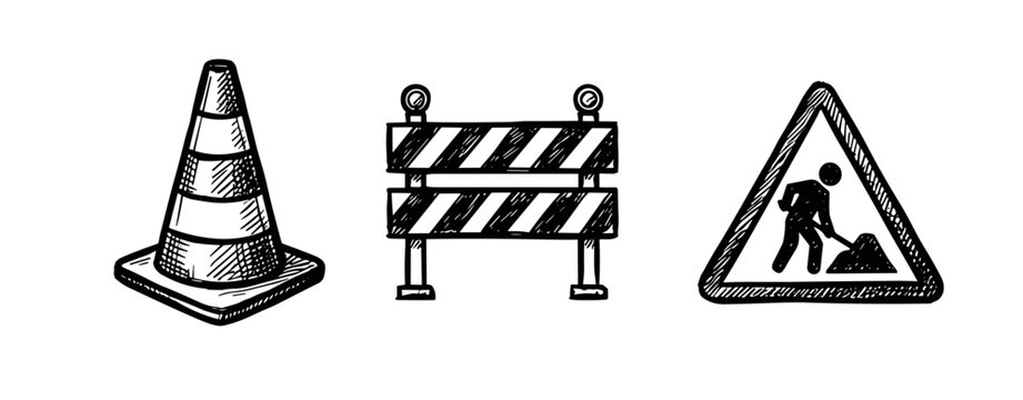 Three hand-drawn road construction warning icons, including a traffic cone, barrier, and men at work sign, rendered in a sketchy doodle style on a clean white background