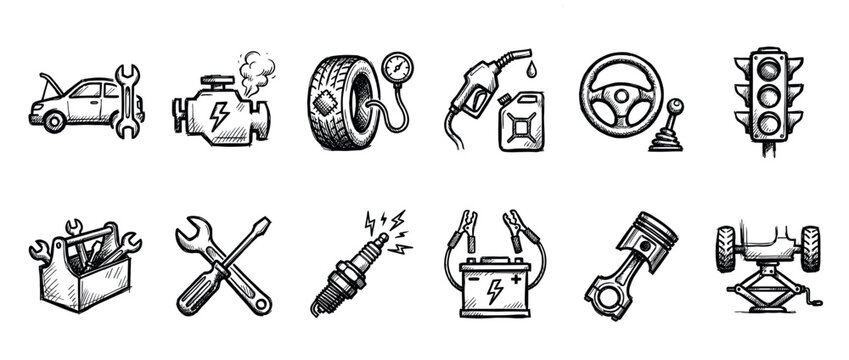Hand drawn car repair and maintenance icons collection in a sketchy doodle style, featuring various automotive tools and parts on a clean white background
