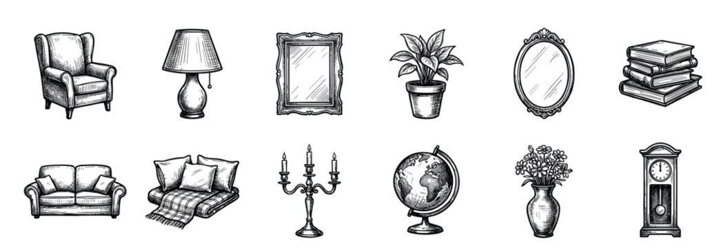 Set of vintage hand-drawn home furniture and decor items, including seating, lighting, mirrors, books, and a globe, rendered in a detailed sketch style, isolated on white