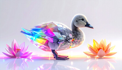 Fototapeta premium Holographic cygnet with iridescent body and glowing lotus flowers