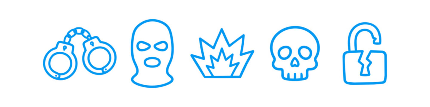 Set of blue line icons depicting themes of crime, security breach, and danger, including handcuffs, a ski mask, an explosion, a skull, and an open broken padlock on a white background.