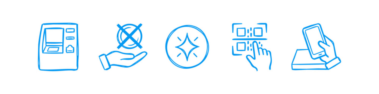 Set of blue hand-drawn fintech icons featuring an ATM, contactless payment, QR code scanning, and mobile banking. Minimalist sketch style for financial technology and digital payment concepts.