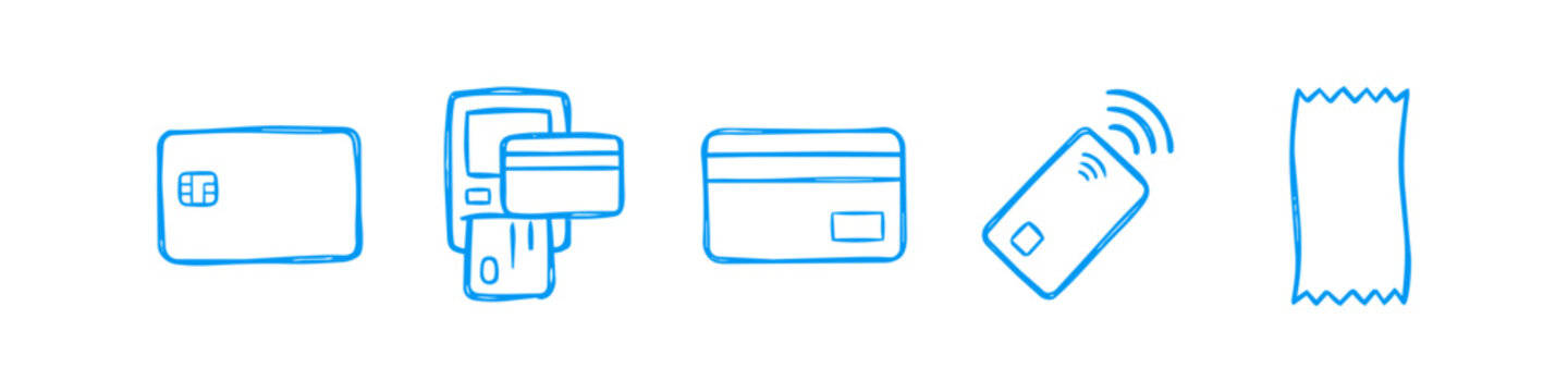 Hand-drawn blue doodle icons illustrating various payment methods including credit cards, a POS terminal, contactless payment, and a paper receipt on a white background.