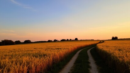Fototapeta premium An idyllic scene of a dirt path leading through a golden grain field during the sunset, with the sky transitioning from day to night.