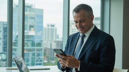 Fototapeta premium Professional man in suit using his smartphone to check messages or browse the web while sitting at his desk.
