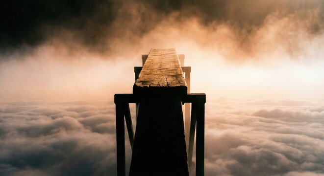 Ski jump ramp above clouds: thrilling heights, winter sport adventure, extreme challenge