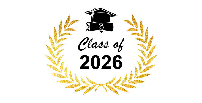 Class of 2026, creative golden calligraphy for t-shirt or photo booth design. Congrats graduation class of 2026 with academic cap. Vector concept for school or college party graduation photo album