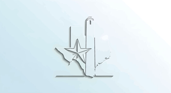 Minimalist Texas state map outline with lone star and monument, elegant silver line art vector, modern patriotic Texas symbol on light blue background