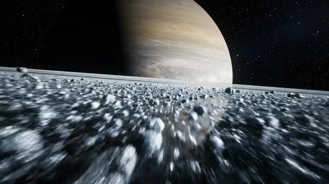Fast flyover of rocky asteroid surface with giant gas planet rising over horizon in deep space. Perfect for science fiction concepts, astronomy education, or deep space travel themes