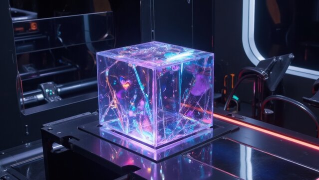 Colorful cube produced through additive manufacturing with optical effects, showcasing the capabilities of 3D printing.