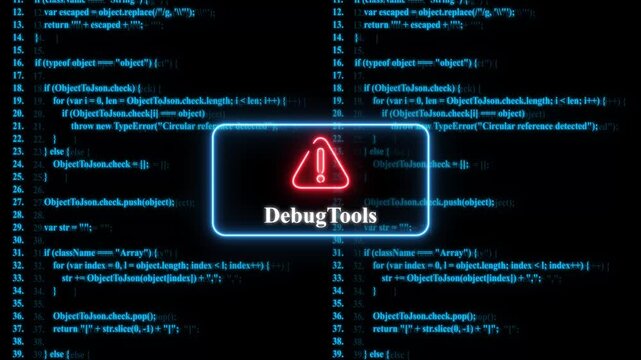 Debug tools concept with glowing red warning and blue programming code background, for software development projects