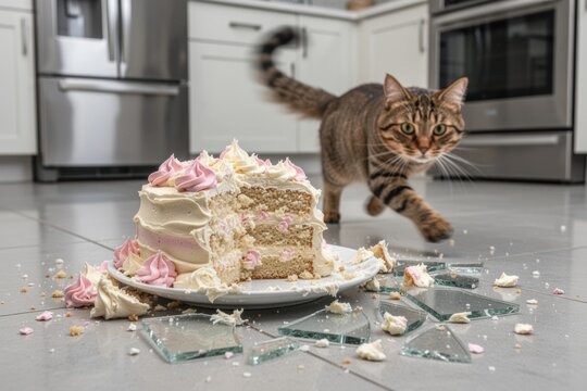 Tabby cat walking past smashed cake and scattered glass on kitchen floor