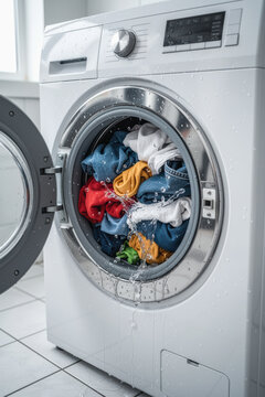 Washing machine overloaded with colorful laundry leaking water onto floor