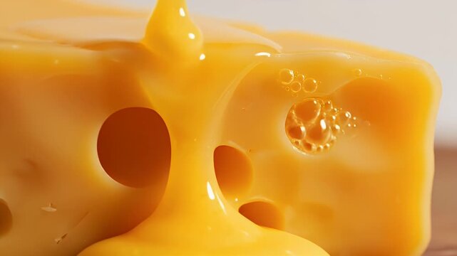 Close-up of a wedge of Emmental Swiss cheese with large porous holes and glossy surface
