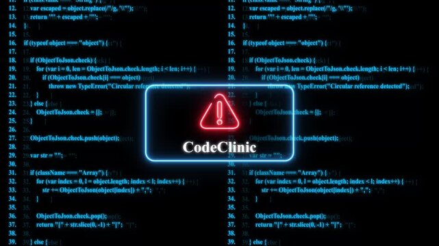 Code clinic error warning: neon alert over scrolling software development source code background programming