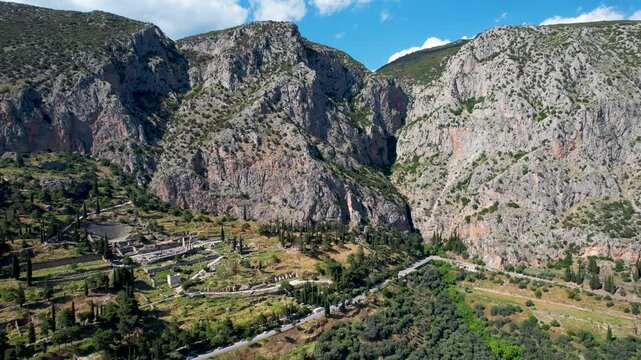 4k - Aerial view of Delphi, one of the most famous archaeological sites in Greece, Europe, well-known for the ancient oracle of Apollo which played a huge role in ancient Greece and the Mediterranean.
