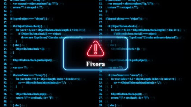 Neon warning sign over scrolling computer code background, cyber security error alert concept for software development