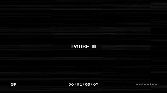 VHS pause screen with glitchy static defect and retro analog tape distortion effect featuring timecode and SP indicator on a black background for vintage video projects