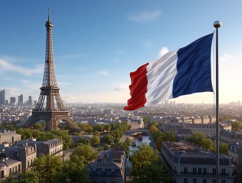 Eiffel tower landmark in paris with french flag flying