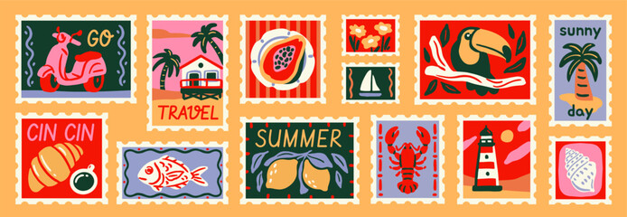 Obraz premium Set of vintage vacation postage stamps. Summertime Season Mail Postmark in retro style with beach and travel elements. Flat hand drawn vector illustration collection isolated on background