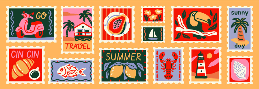 Set of vintage vacation postage stamps. Summertime Season Mail Postmark in retro style with beach and travel elements. Flat hand drawn vector illustration collection isolated on background