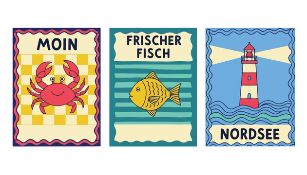 Set of Three Retro German Nautical Posters with Crab, Fish, and Lighthouse