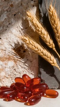 Vibrant red Coenzyme Q10 capsules with wheat stalks on a rustic stone background, highlighting natural nutrition and modern wellness appeal