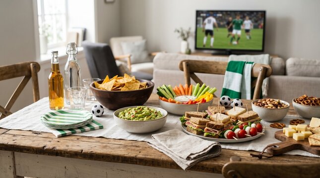 Minimal Soccer Watch Party Snack Table with Natural Composition