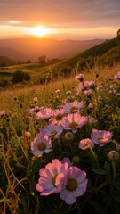Obraz premium Pink and white wildflowers in foreground, sunlight filtering through clouds