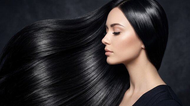 Beautiful Woman with Shiny Long Healthy Black Hair in Side Profile