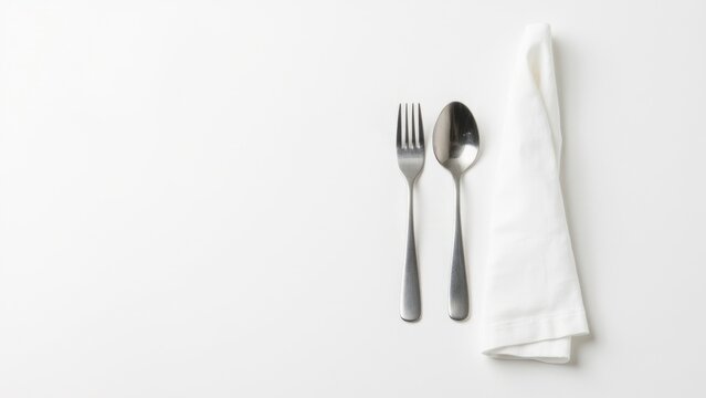 A neatly arranged set of silverware and a white cloth napkin, placed on a white background for a professional look.